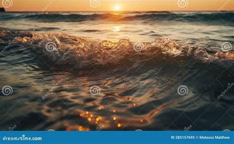 Fantastic Closeup View Of Calm Sea Water Waves With Orange Sunrise