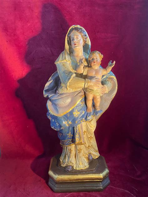 Proantic Vierge A L Enfant En Bois Polychrome XVIII Eme Siecle