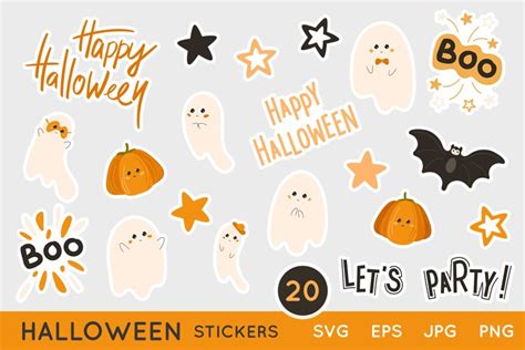 Halloween stickers with kawaii characters, lettering, stars