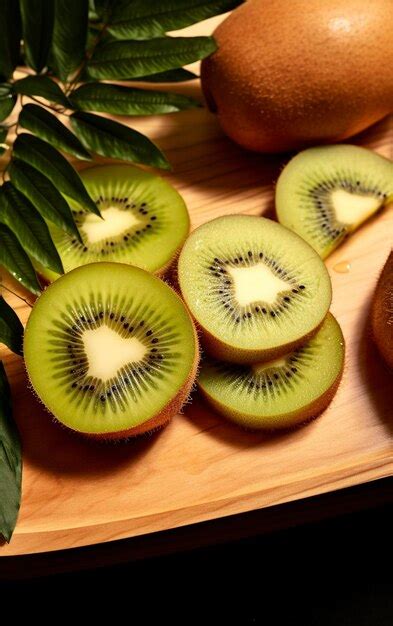 Premium Ai Image Kiwi Fruit On A Wooden Tray With Leaves Stylized