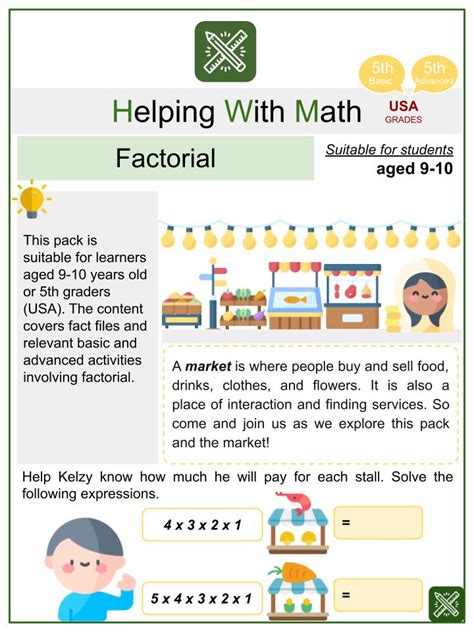 Factorial Market Themed Day Math Worksheets Aged Worksheets