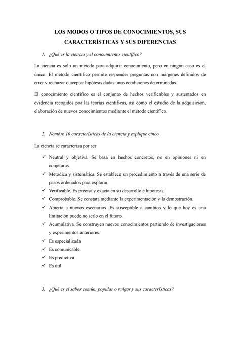 Los Modos O Tipos De Conocimientos Sus CaracterÍsticas Y Sus Diferencias ¿qué Es La Ciencia Y