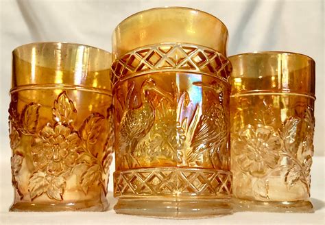 Antique Amber Gold Iridescent Carnival Glass Set Of Three Juicewater Glasses With Floral And