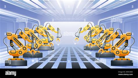 Robot Arms With Conveyor Line Robot Assembly Line In Factory Vector