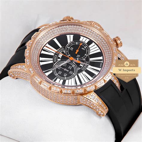 Latest Excalibur Chronograph Rose Gold Stone Case And Black Dial With Ru