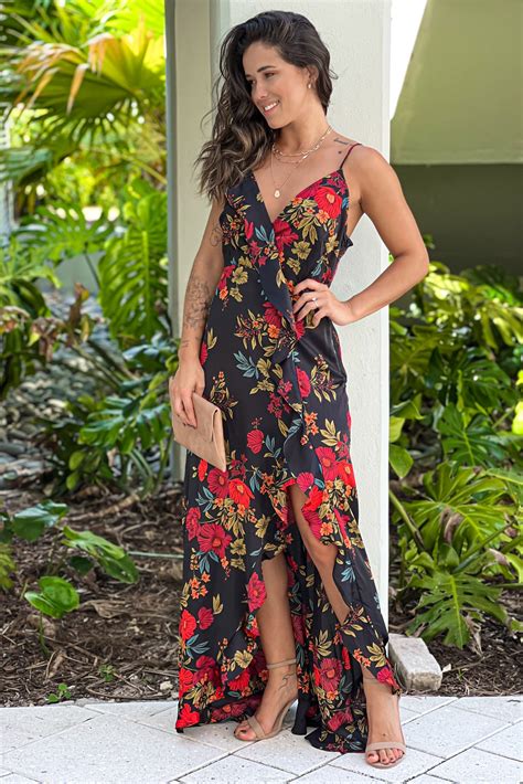 Black Floral Satin Ruffled Dress Maxi Dresses Saved By The Dress