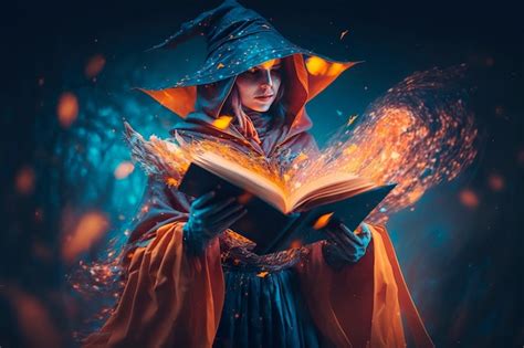 Premium Photo Witch Magician In Hood Holds In Hands Magic Book Generative Ai