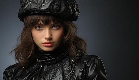 Premium Photo Beautiful Woman In Leather Jacket Exudes Confidence And