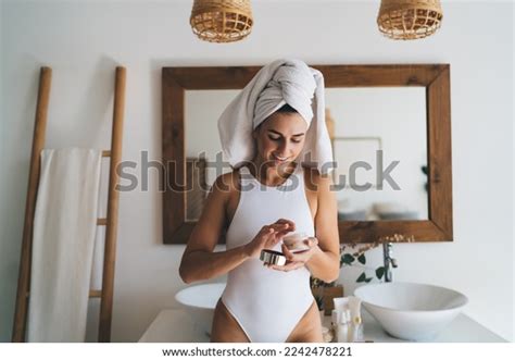 Positive Slim Caucasian Lady White Lingerie Stock Photo 2242478221