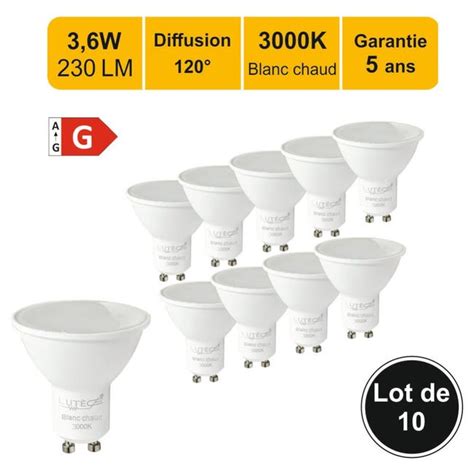 Lot De 10 Ampoules Led Gu10 3 6w 230lm 3000k Garantie 5 Ans Leroy