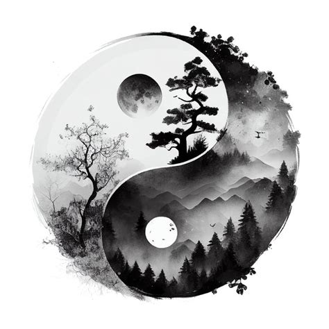 A Black And White Yin Yang Painting With Trees In The Background