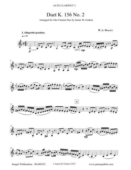 Mozart Duet K 156 No 2 For Alto Clarinet Duo Arr James M Guthrie Ascap By W A Mozart