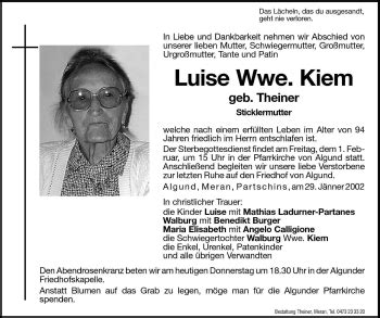 Traueranzeigen Von Luise Kiem Trauer Bz