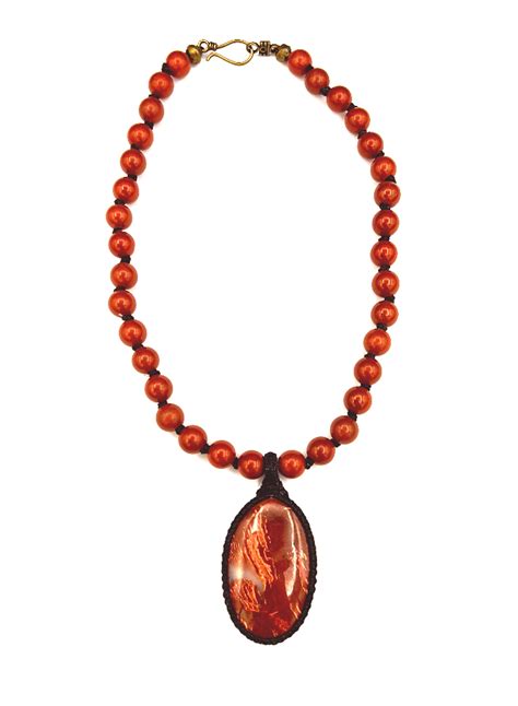 Red Jasper Bead Necklace Macrame Encased Red Serpentine Gemstone