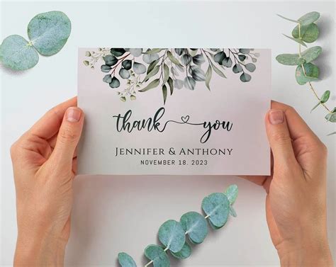 Eucalyptus Wedding Thank You Card Template Printable Greenery Etsy