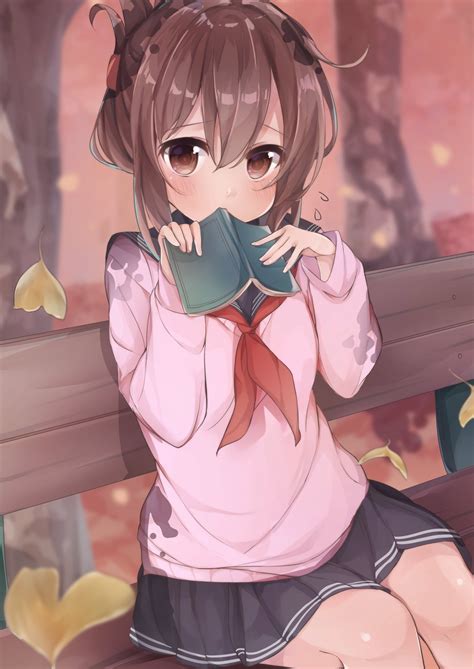 Safebooru 1girl Bench Blue Skirt Blush Book Book To Mouth Brown Hair