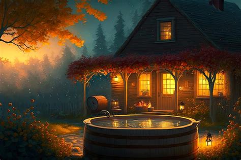 Premium Photo Autumn Evening And Cosy Outdoor Hot Tub With Steaming Water