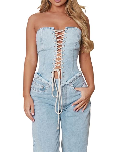 Women Y2k Denim Tube Top Sleeveless Off Shoulder Bandage Bandeau Crop