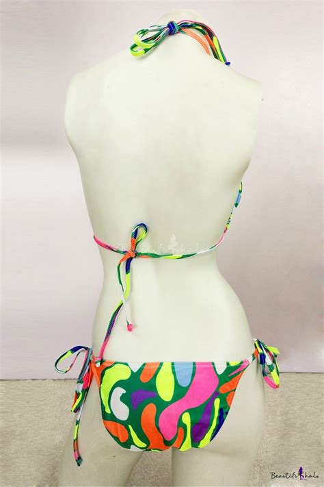 Chic Color Block Striped Printed Halter Neck Triangle Top String Bottom Bikini Swimwear