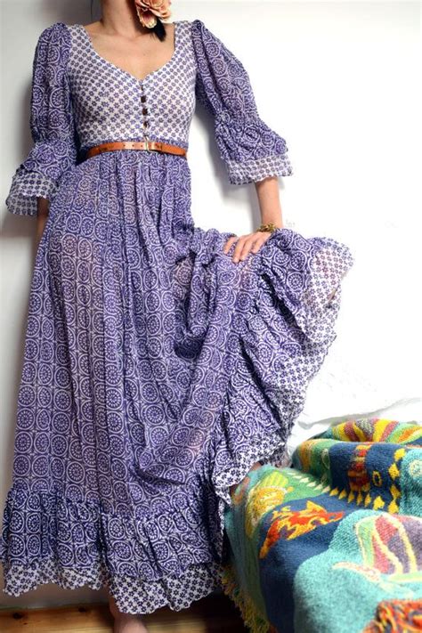 70s Boho Cotton Gauze Sheer Purple And White Floral Print Maxi Dress