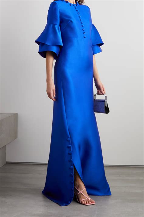 Royal blue Button embellished ruffled satin piqué gown REEM ACRA