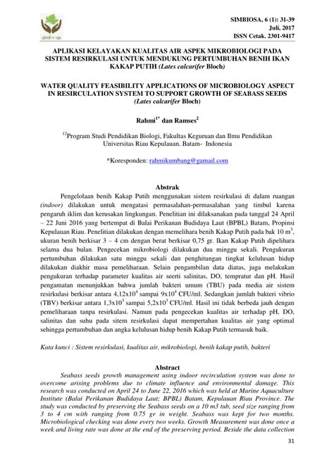 PDF APLIKASI KELAYAKAN KUALITAS AIR ASPEK MIKROBIOLOGI PADA SISTEM