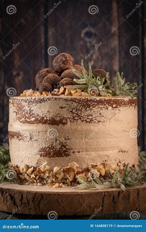 Delicious Naked Chocolate And Hazelnuts Cake On Table Rustic Wood