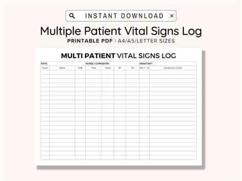 Printable Multiple Patients Vital Signs Log Pdf Digital Downloads A4a5letter Caregiving