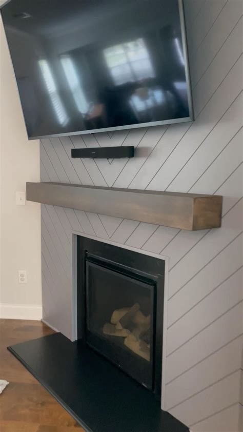 Chevron Shiplap With Custom Mantle Stained In Dark Walnut