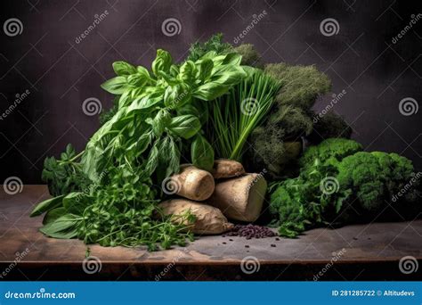 Pile Of Fresh Mixed Herbs On A Dark Textured Surface Stock