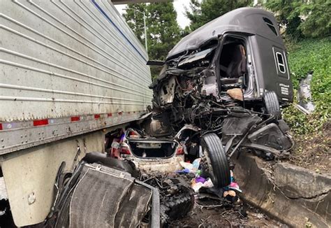 Car Obliterated After Going Under Semi Truck In Portland Highway Ramp Crash Driver Survives