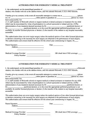 Fillable Online Authorization For Emergency Medical Treatment Usd