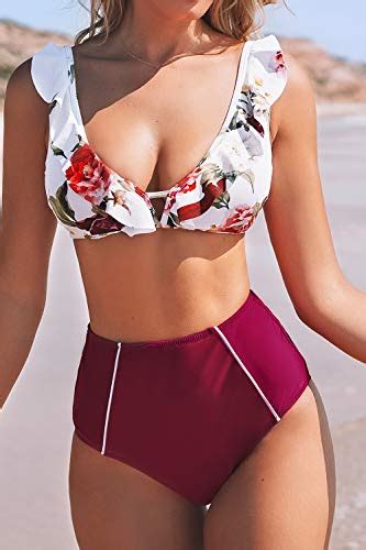 CUPSHE Vrouwen Hoge Taille Bikini Badpak Ruche Bloemenprint Tweedelige Badpak Zwembroek