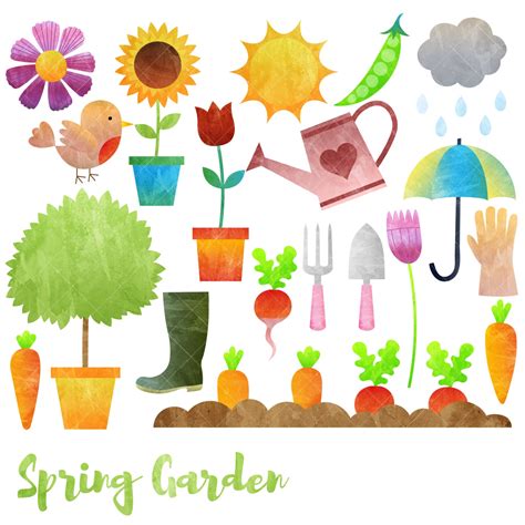 Spring Garden Clipart / Gardening Clip Art / Watercolor | Etsy