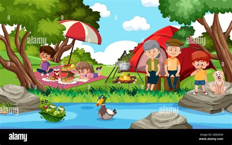 Picnic scene with happy family in the forest illustration Stock Vector Image & Art - Alamy