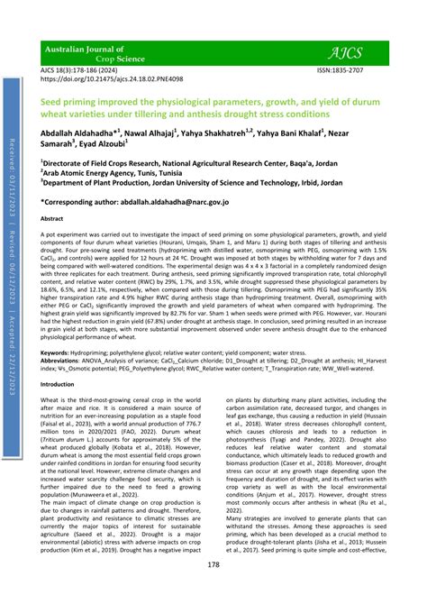 PDF Seed Priming Improved The Physiological Parameters Growth And