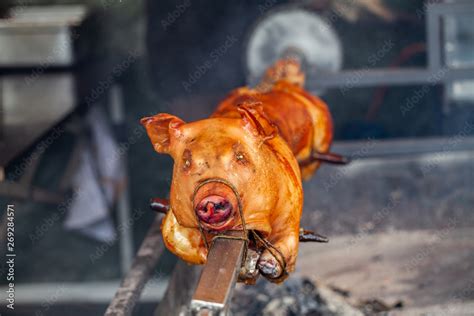 Foto De Young Pig On A Spit Pig Is Being Grilled Slowly On Spit In