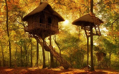 A Group Of Tree Houses With Wooden Ladders And Stable Diffusion