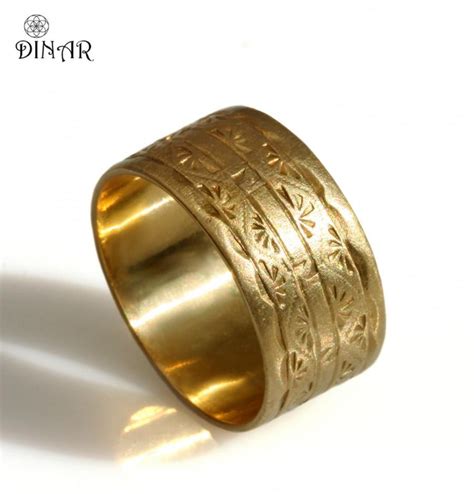 14k Solid Yellow Gold Band ,10mm Wide Wedding Band, Art Deco Engravings Men's Wedding Ring, Wide ...