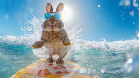 A Rabbit Is Surfing On A Yellow Surfboard In The Ocean Summer Season