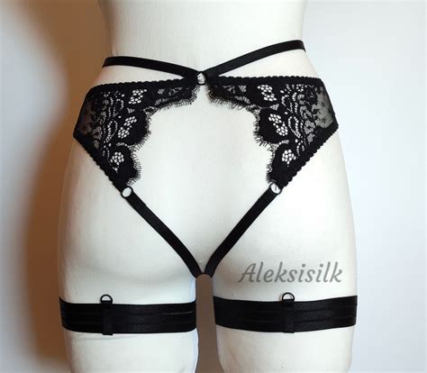 Lace Open Panty Black Open Lingerie Set Panties With Garters Sheer