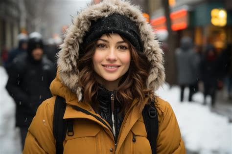 Premium Ai Image A Woman Wearing A Winter Coat And Hat In The Snow