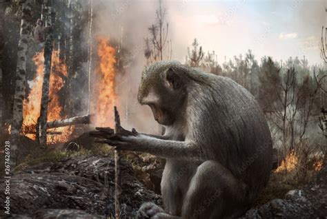 Pyromaniac monkey setting fire in the forest. Deforestation, danger ...