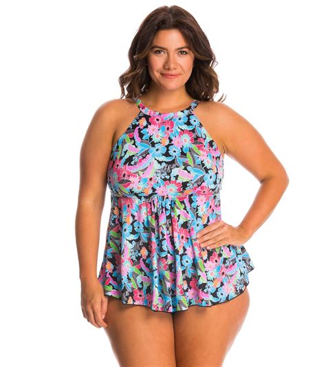 Fit4u Swimwear Plus Size Origami Micro Hi Neck Flared Tankini Top At Free Shipping