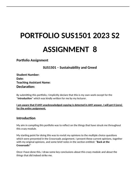 Sus1501 Assignment 8 Portfolio Semester 2 2023 Sustainability And