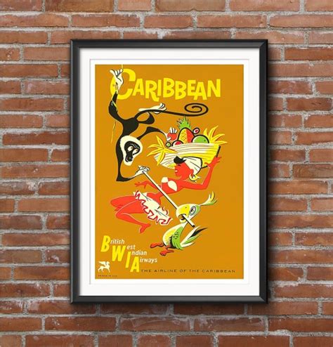 Caribbean Vintage Travel Poster Print Satin Paper A4 A3 Etsy Uk