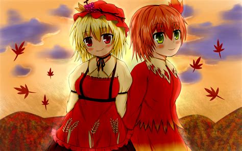 2girls Aki Minoriko Aki Shizuha Autumn Blue Eyes Green Eyes Orange Hair