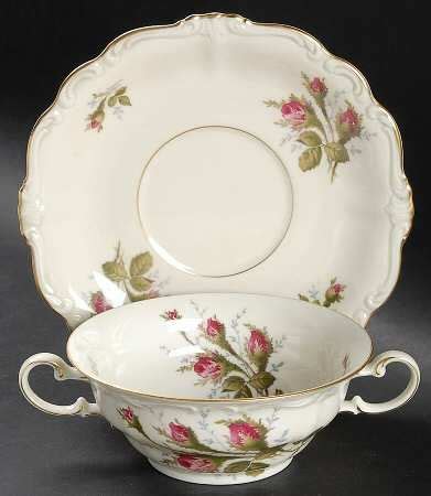 Moss Rose Ivory Pompadour Double Handled Cream Soup Bowl And Saucer