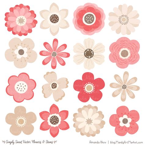 Cute Flowers Clipart In Coral Coral Vector Flowers Coral Etsy