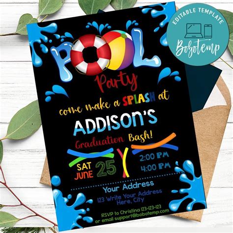 Graduation Pool Party Invitations Printable Instant Download | Bobotemp